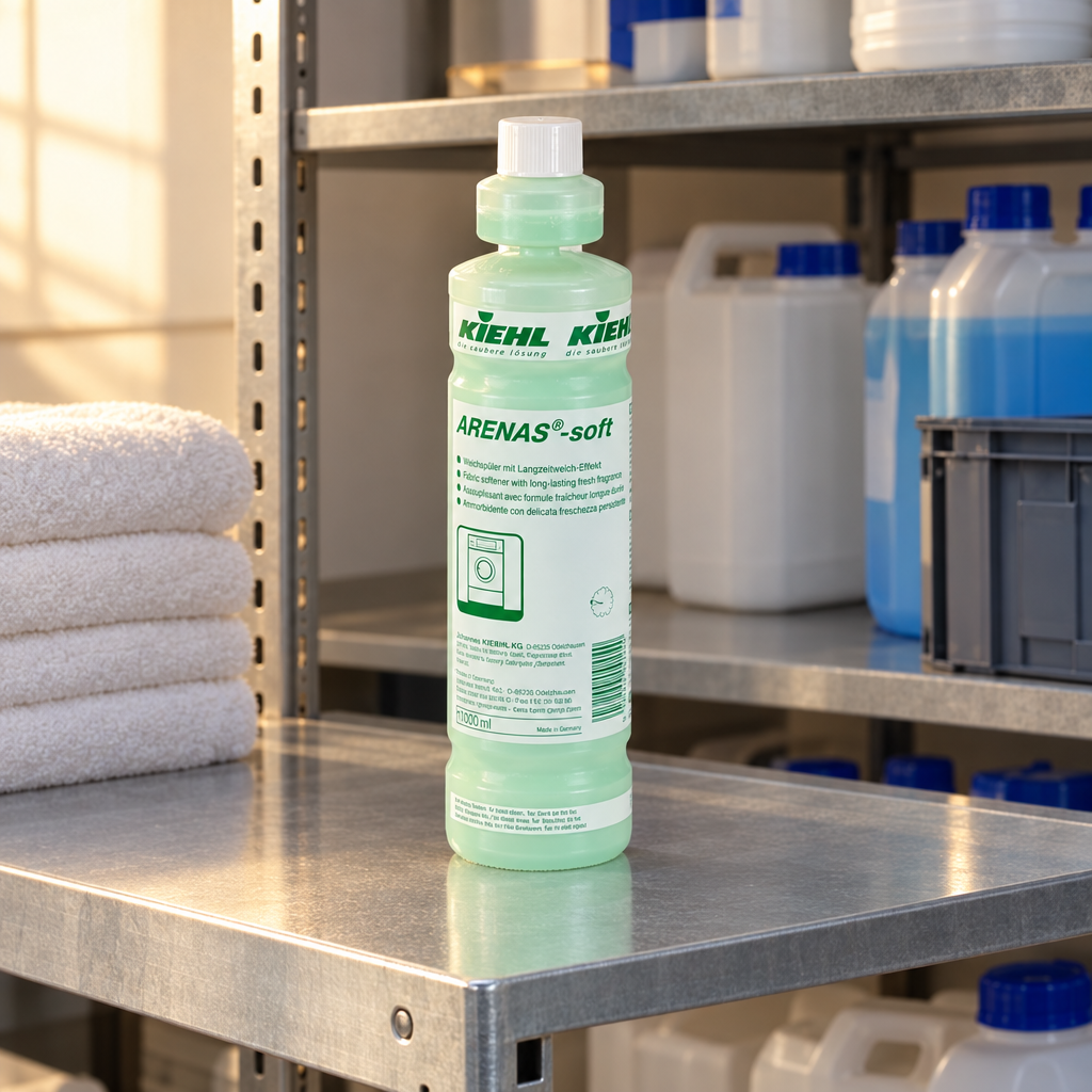 Kiehl Arenas Soft 1 L på metalhylde i varmt belyst vaskeridepot