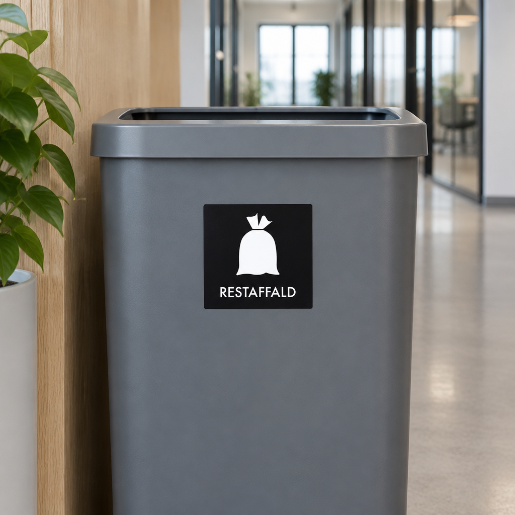 Sort RESTAFFALD-piktogram på grå beholder i kontorgang