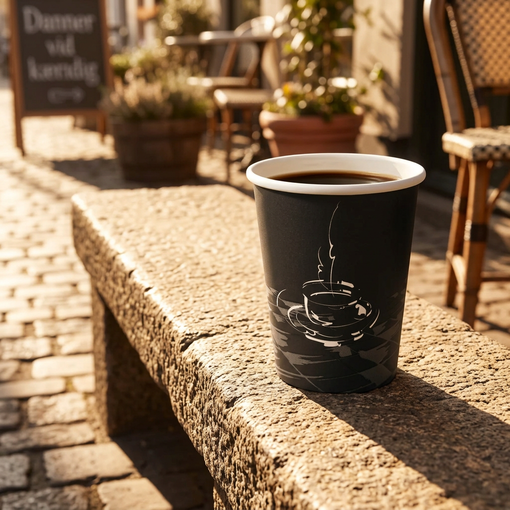 Sort kaffebæger med kaffekopmotiv og kaffe på stenbænk ved solrig café