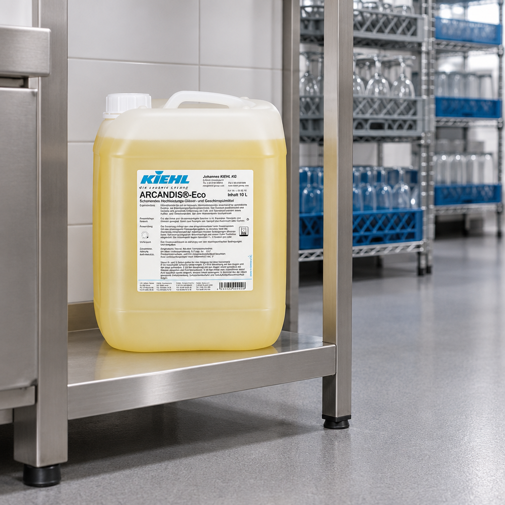 Kiehl Arcandis-Eco 10 L i opvaskerum med glasbakker i baggrunden