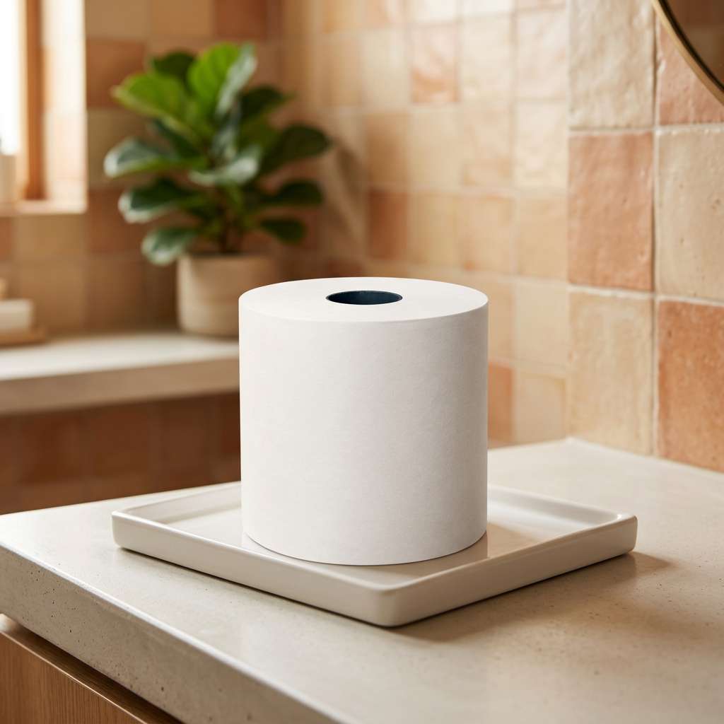 Hvid SmartOne Mini-toiletrulle på bakke i toiletmiljø med varme fliser