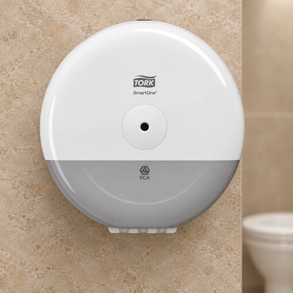 Tork SmartOne Mini 681000 med synlige logoer på lyst hoteltoilet