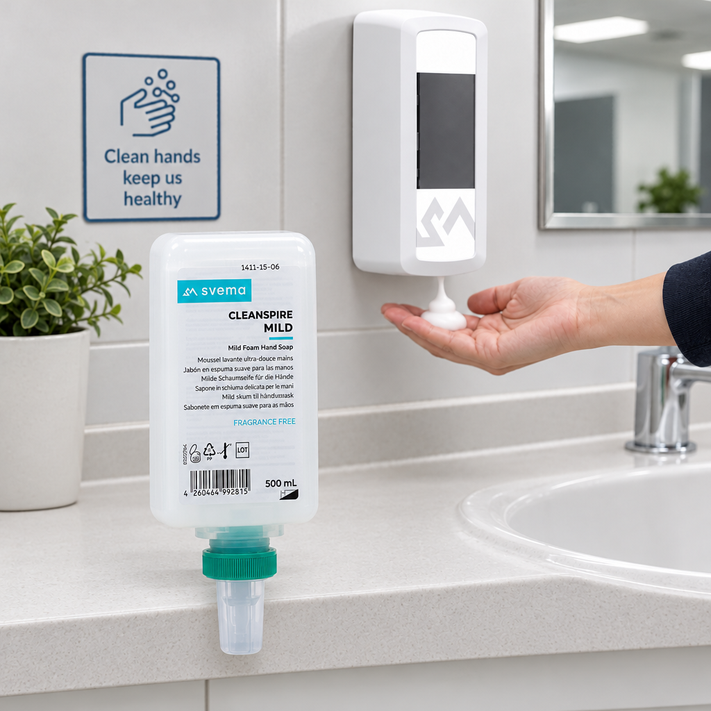 Billedforslag med lodret Cleanspire Mild-refill og illustreret sæbedosering