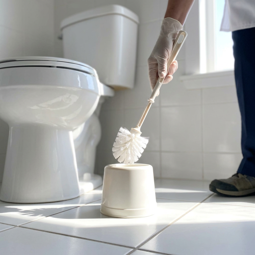 Voksen sætter hvid Basic-toiletbørste tilbage i skålen i solrigt toiletrum, stemningsbillede