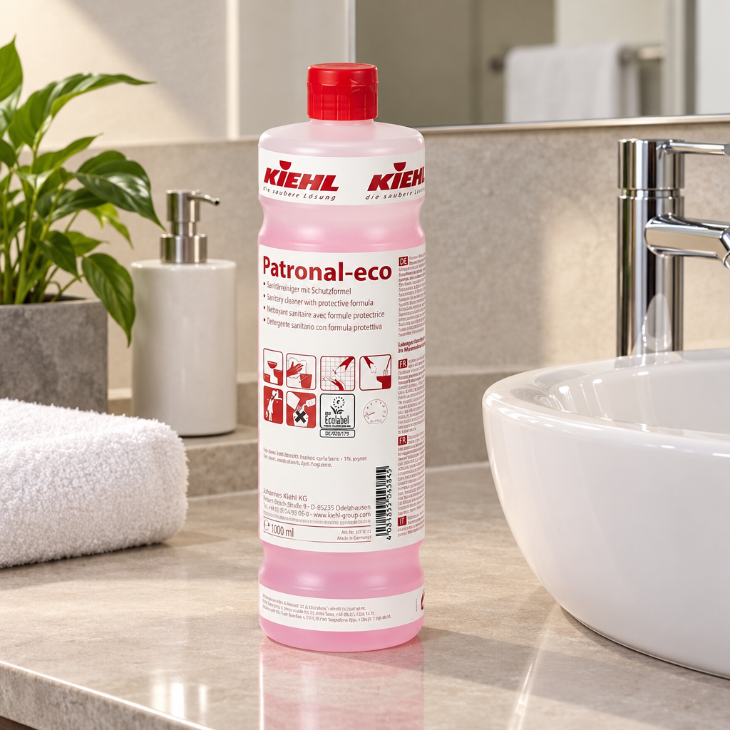 Kiehl Patronal-Eco ved keramisk håndvask i hotelbadeværelse, stemningsbillede