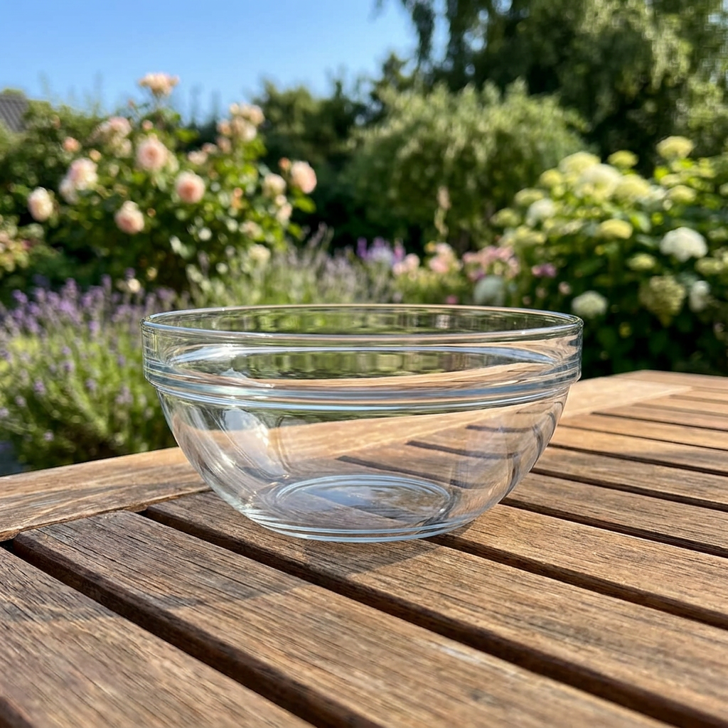 Klar glasskål på havebord i solskin