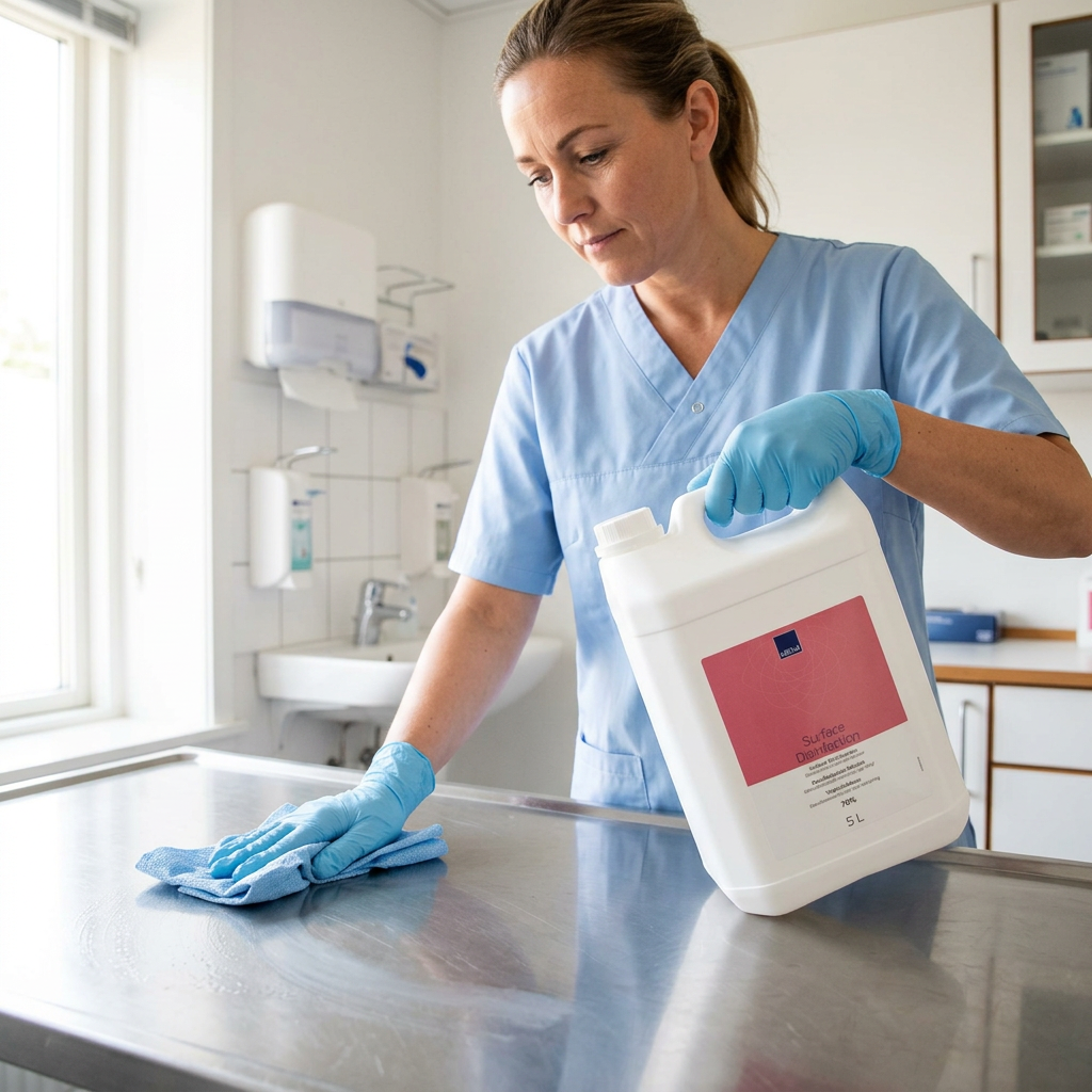 Sundhedspersonale aftørrer bord ved dunk med ABENA overfladedesinfektion i solrig klinik