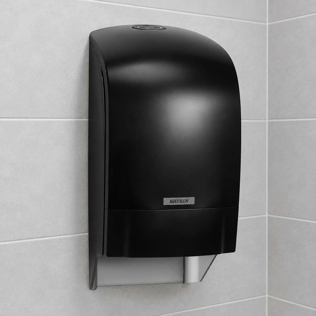 Sort Katrin-toiletrulledispenser på grå fliser