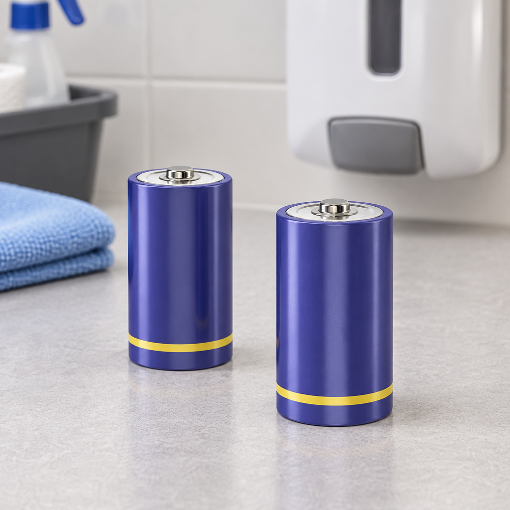 Stemningsillustration af D-batterier på en tør arbejdsflade med dispenser i baggrunden