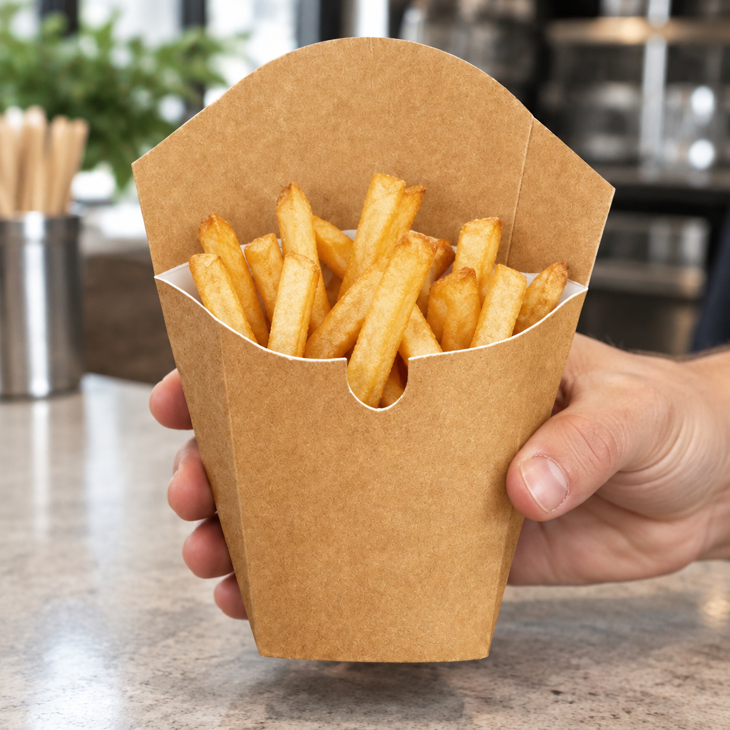 Brun Duo-æske med pommes frites ved caféens udlevering