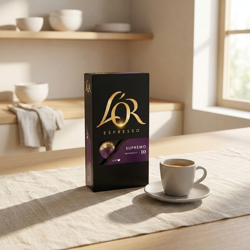 L’OR Espresso Supremo 10 ved espressokop i sollyst køkken