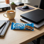 Corny Big Mælk på kontorbord ved te og computer, stemningsbillede