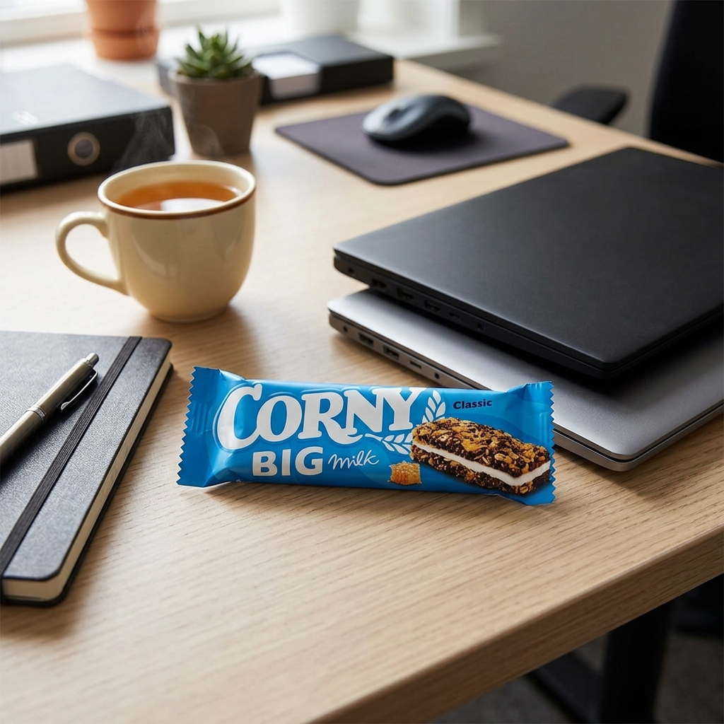 Corny Big Mælk på kontorbord ved te og computer, stemningsbillede