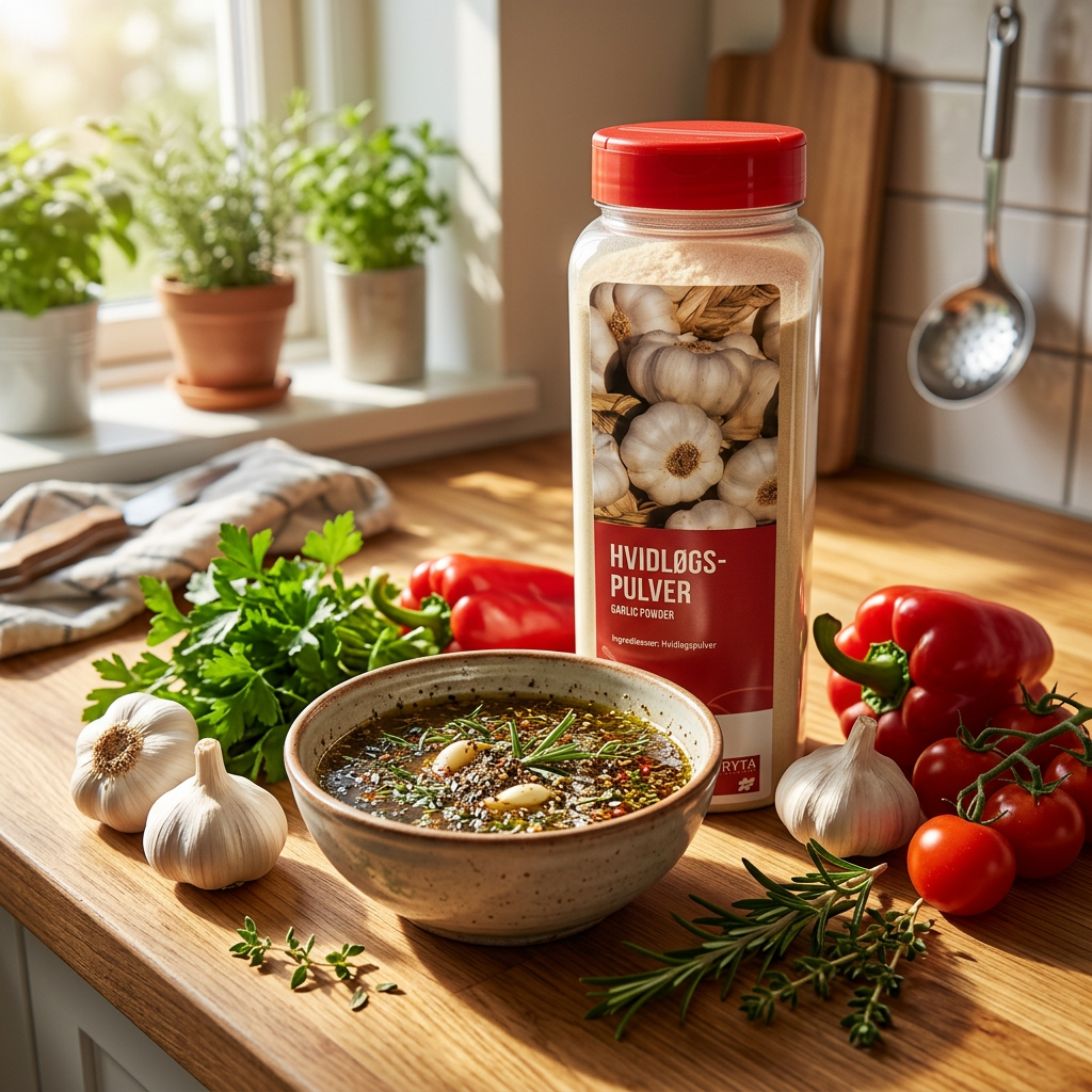 Hvidløgspulver i strødåse ved en skål marinade