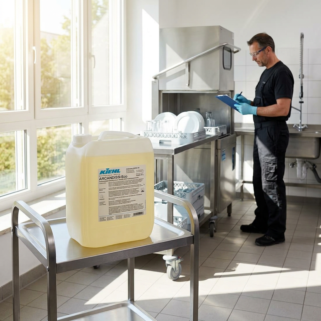 Lukket Arcandis-Eco 10 L-dunk på separat vogn i solrigt professionelt opvaskerum med voksen medarbejder