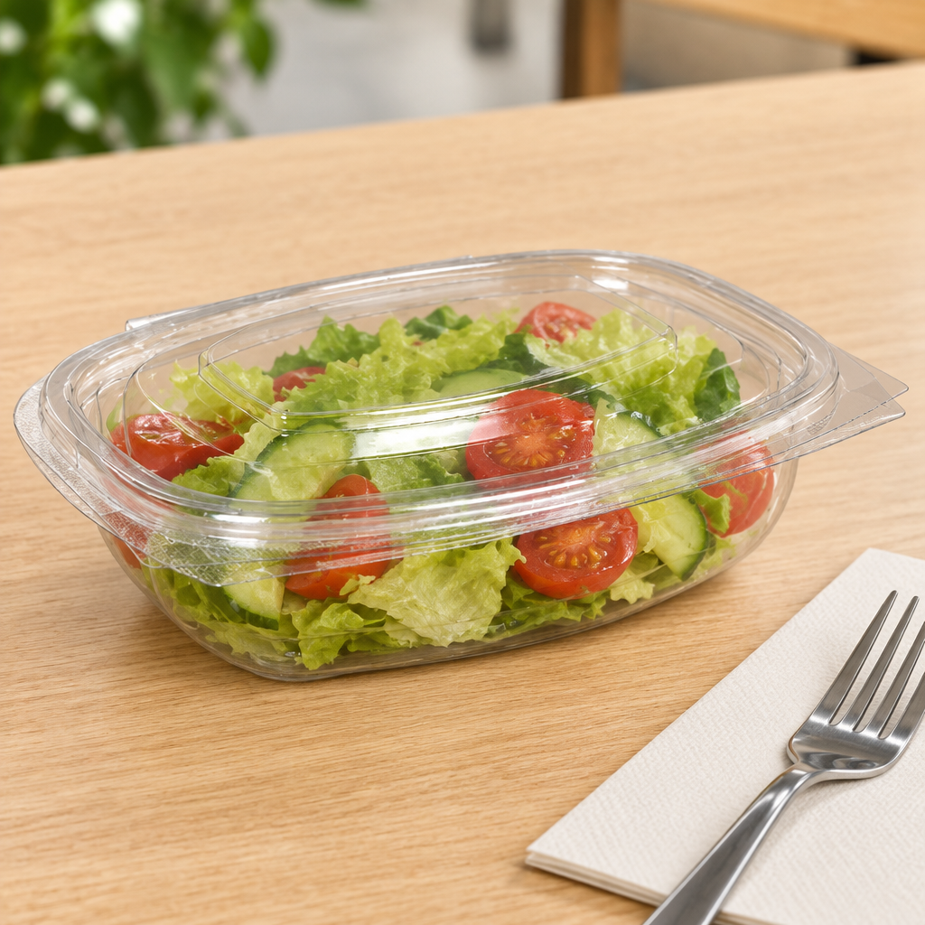 Oval salatbakke med låg og tomatsalat på cafébord