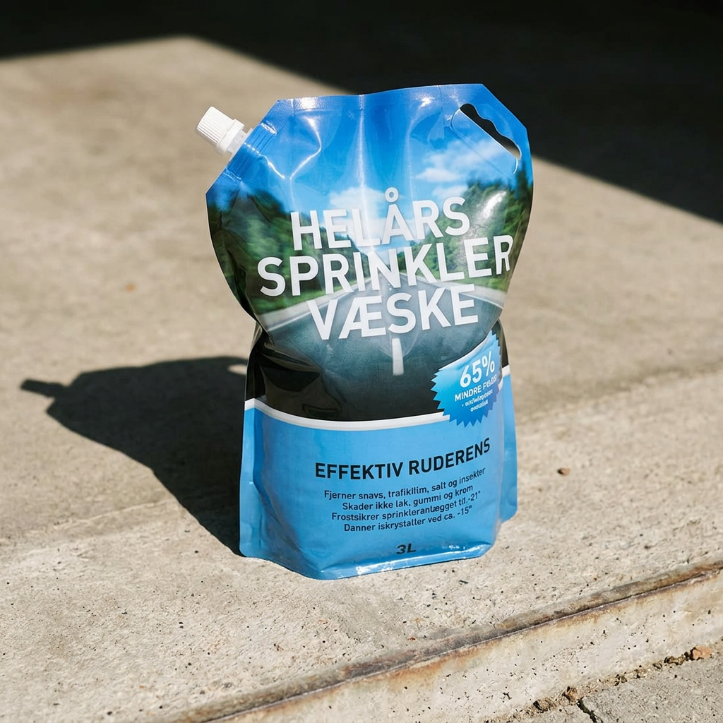 Sprinklervæske i pose ved en solbeskinnet garage
