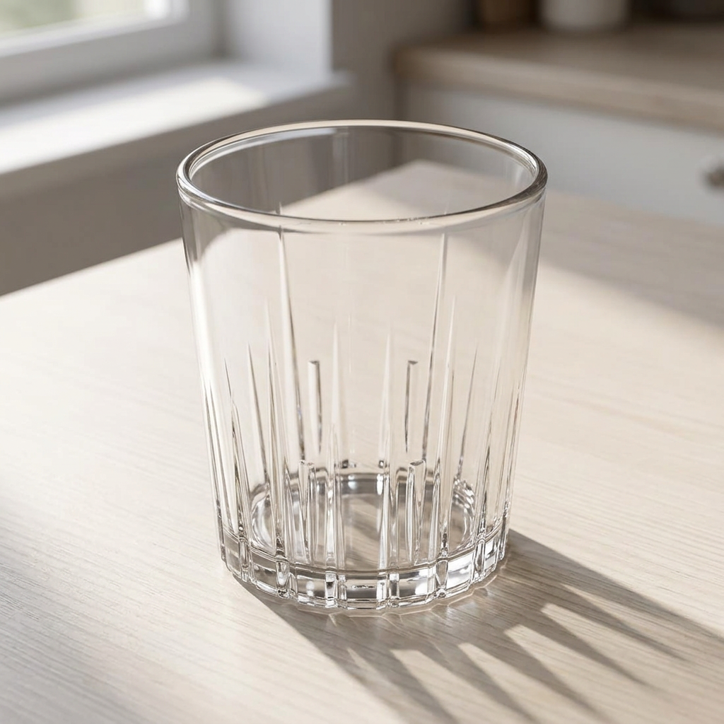 Klart Roltex Star-polyglas på et solbeskinnet bord ved vinduet
