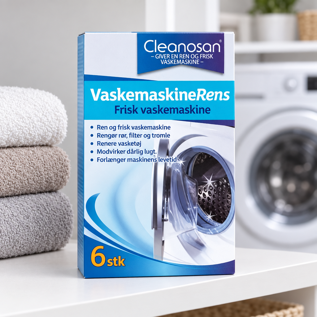 Stemningsillustration af Cleanosan vaskemaskinerens på tør hylde med håndklæder