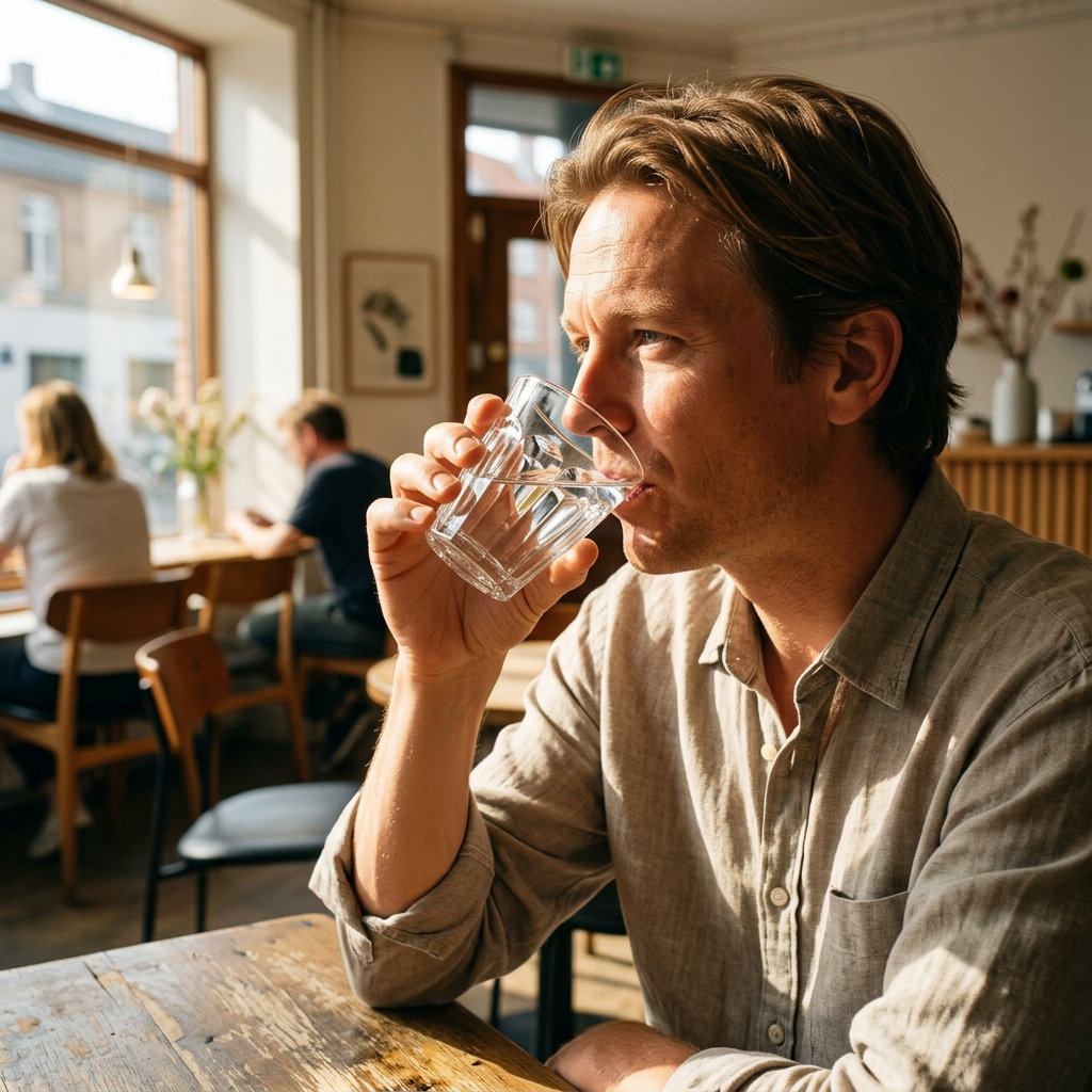 Voksen drikker vand af et klart caféglas i sollyst café