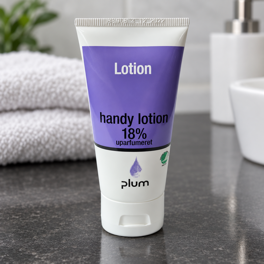 Plum Handy Lotion 18 % på mørkt badeværelsesbord