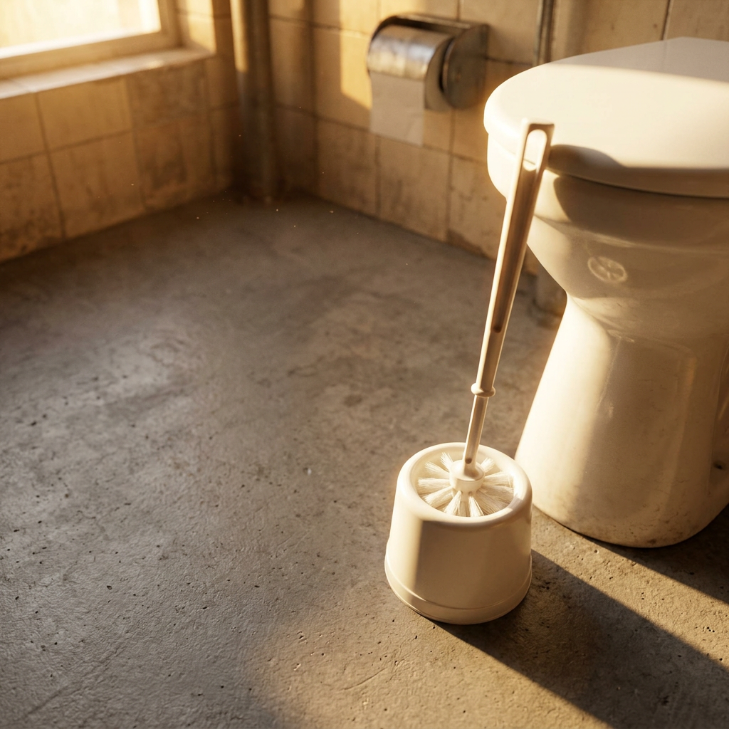 Hvid Basic-toiletbørste med skål på solrigt personaletoilet ved værksted, stemningsbillede
