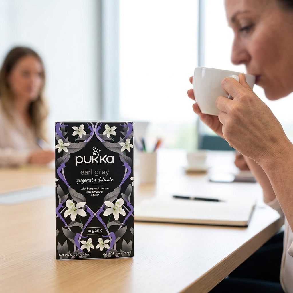 Pukka Earl Grey nydes fra en kop ved mødebordet