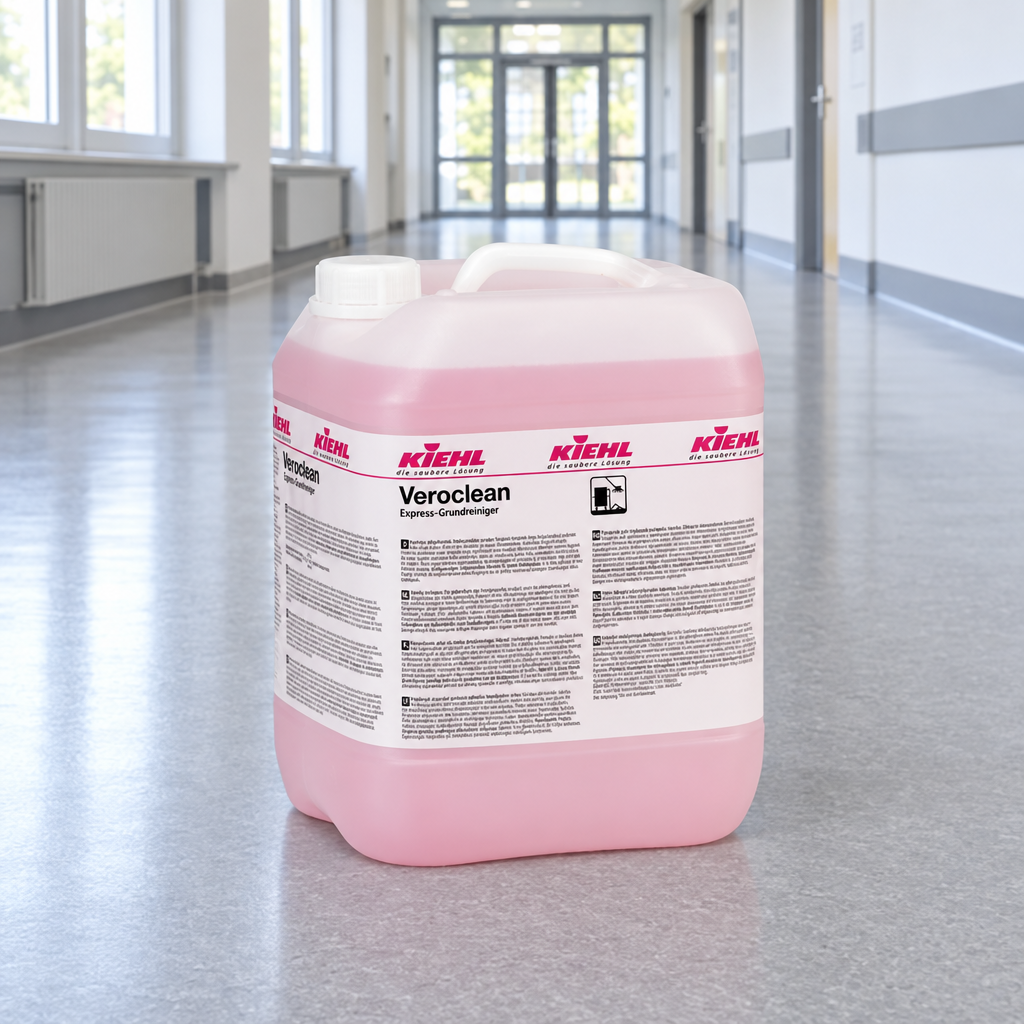 Kiehl Veroclean 10 L polishfjerner ved vinylgulv i en lys institutionsgang