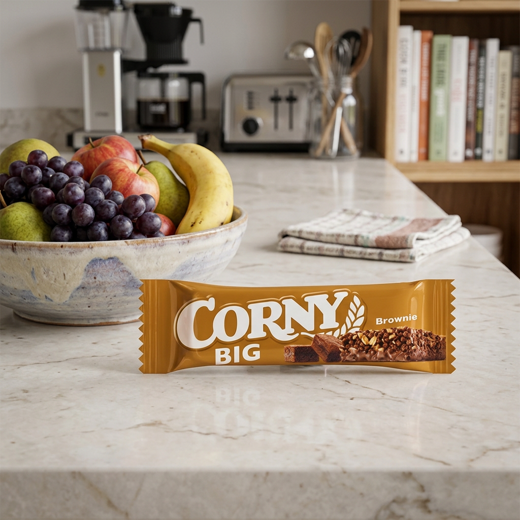 Corny Big Brownie på køkkenbord ved frugtskål