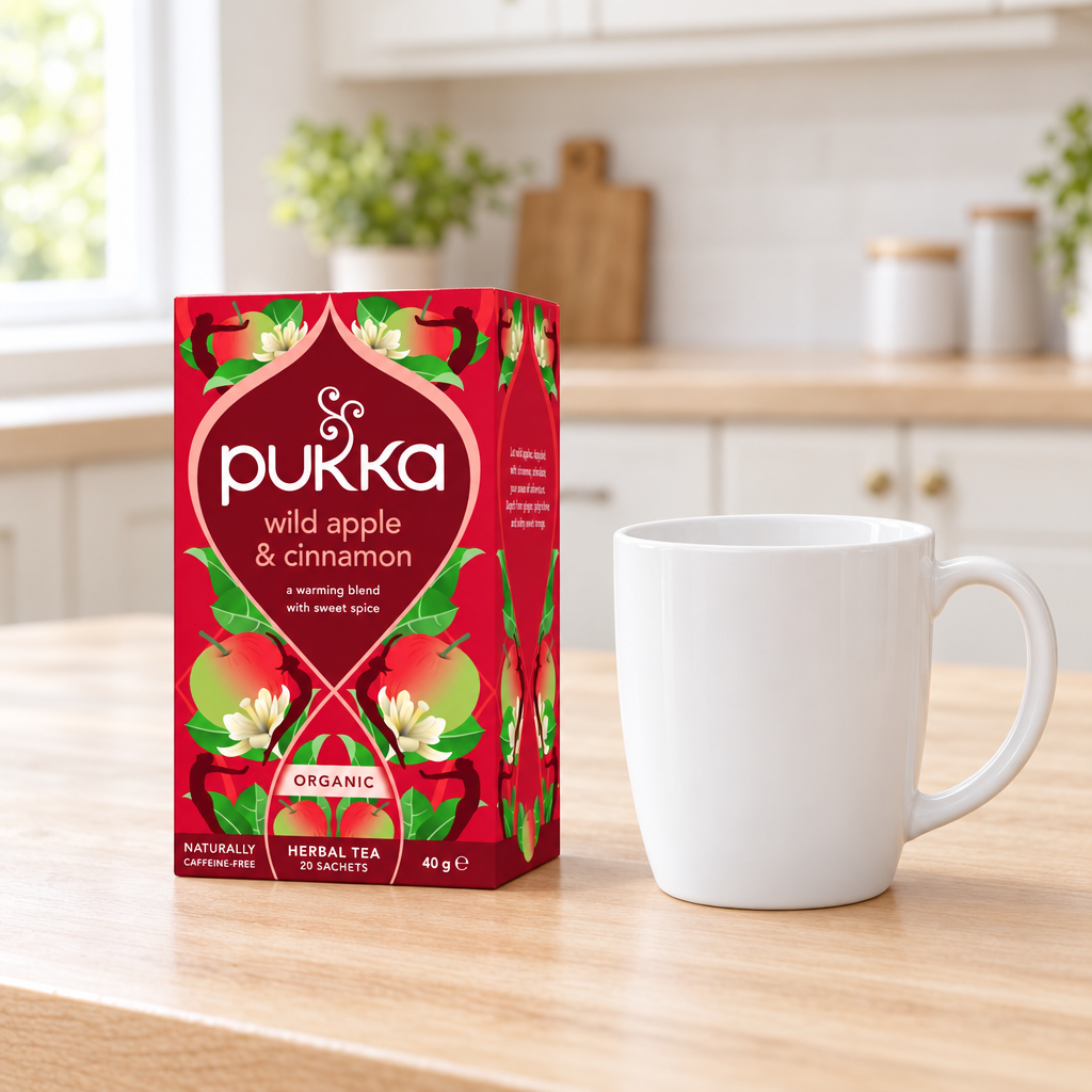 Pukka Wild Apple & Cinnamon, 20 breve, på en køkkenbordplade med et hvidt krus