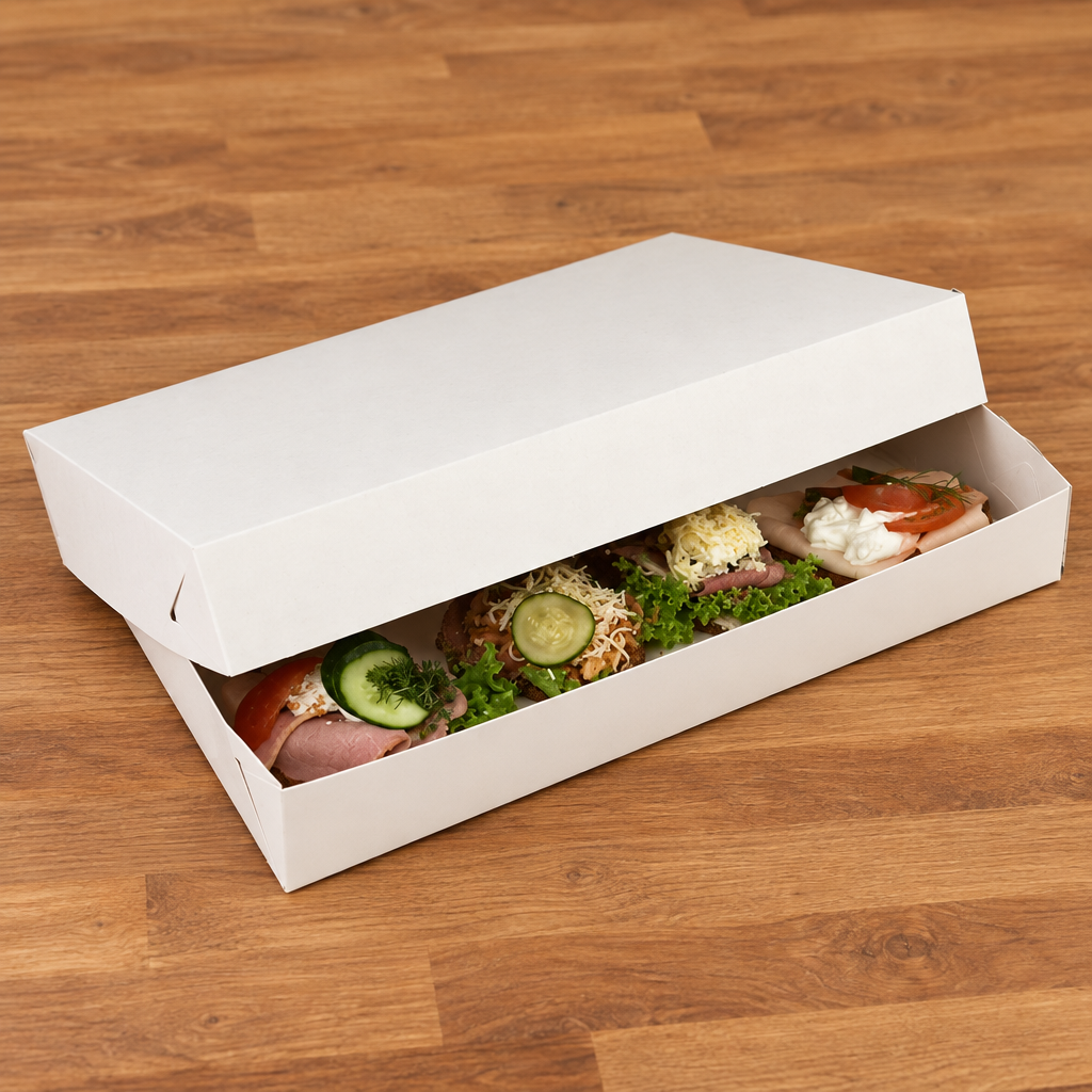 Hvid kartonæske med smørrebrød og løst låg på trædisk