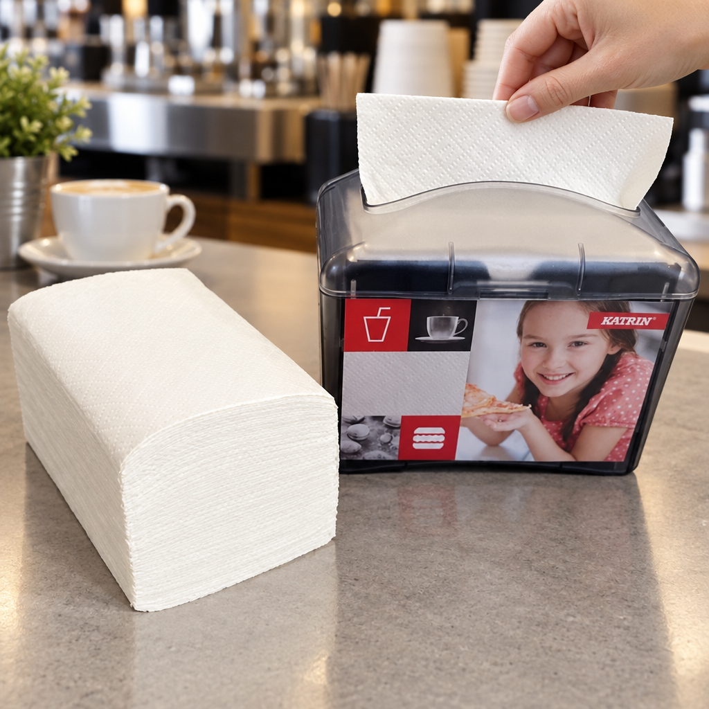 Katrin Easy1-servietter med refillstabel og illustreret servietudtag ved cafédisken