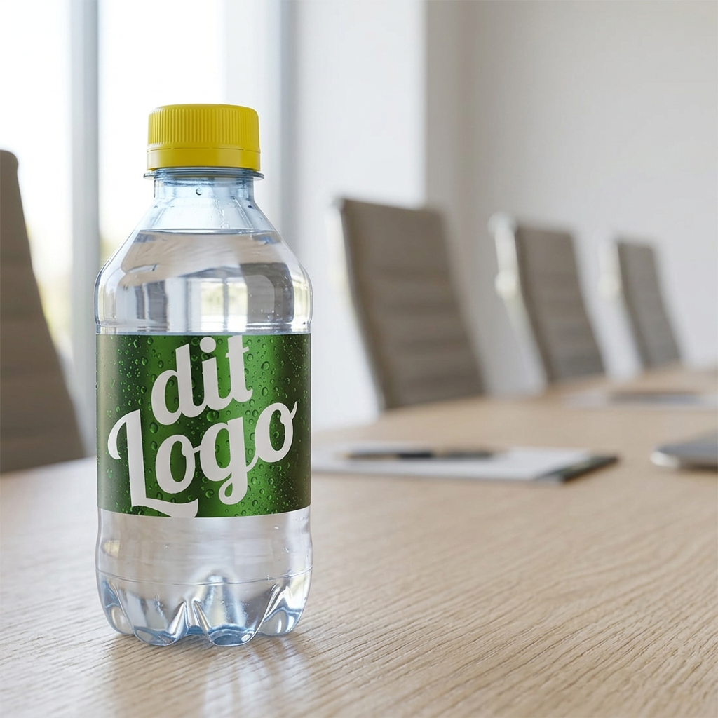 0,30-liters logovand med gult låg og grøn dit Logo-etiket på konferencebordet