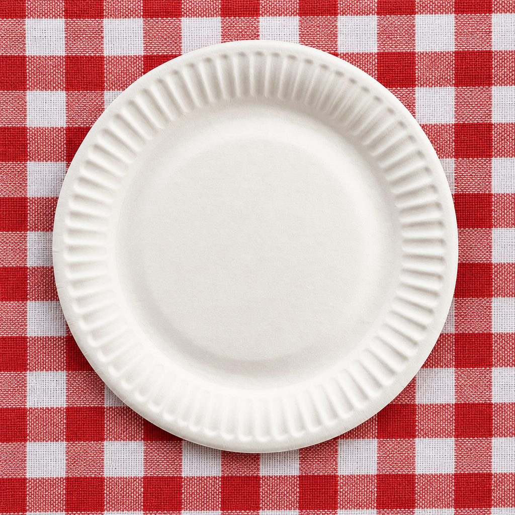 Hvid paptallerken på rødternet picnicdug