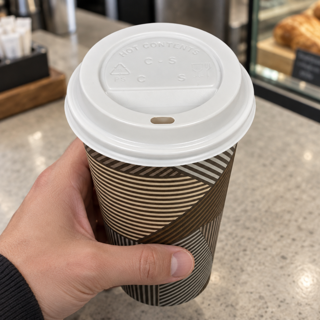 Hvidt låg på Enjoy-bæger ved caféens udleveringsdisk