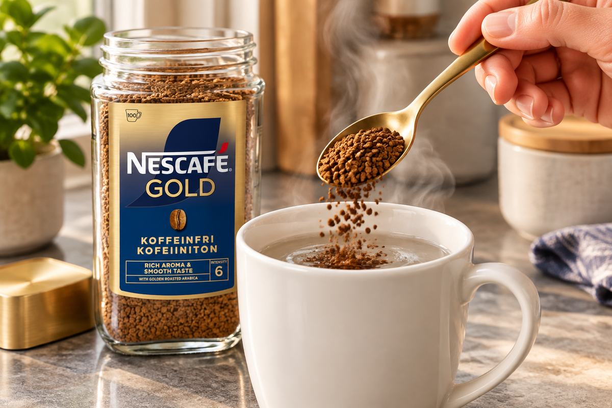 Miljøbillede, varenr. 3353: nærbillede af instant kaffe fra Nescafé Gold Koffeinfri skeet op i kop