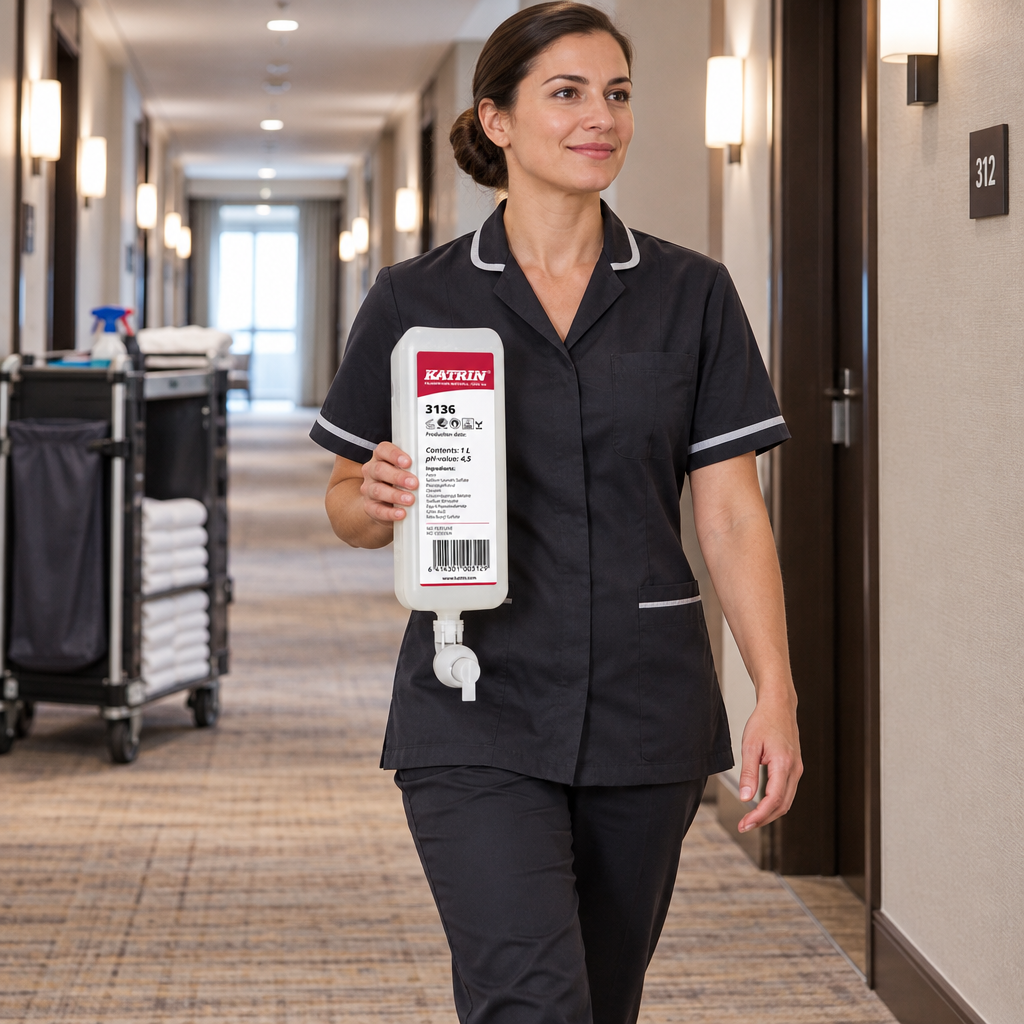 Hotelmedarbejder bærer Katrin-skumsæberefill på servicerunde, stemningsbillede