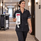 Hotelmedarbejder bærer Katrin-skumsæberefill på servicerunde, stemningsbillede