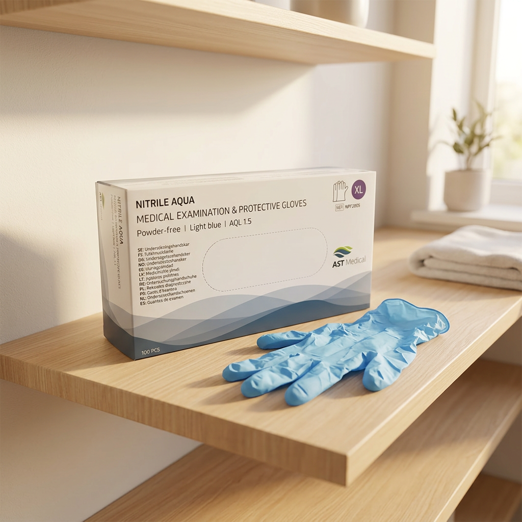 Nitrile Aqua XL på sollyst hylde