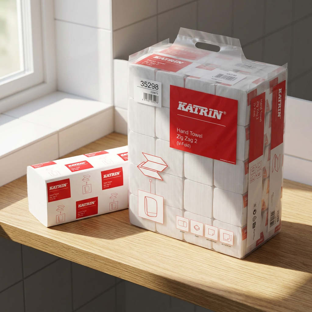 Katrin 35298 Handy Pack og papirbundt på solbelyst træhylde