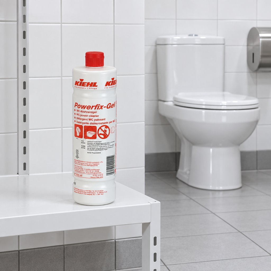 Kiehl Powerfix-Gel 1 L på lav hylde i lyst flisebeklædt toiletmiljø