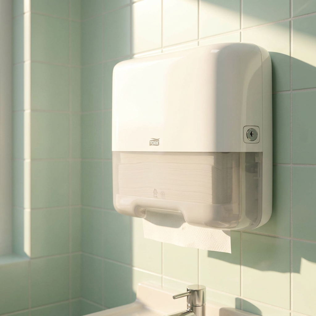 Hvid Tork H3 Mini dispenser på mintgrøn væg ved institutionens håndvask i solskin