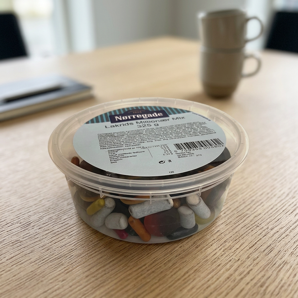 Nørregade Millionær Mix på mødebord med kaffekop