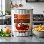 Økologisk tomatkoncentrat på køkkenbord med pasta, løg og krydderurter