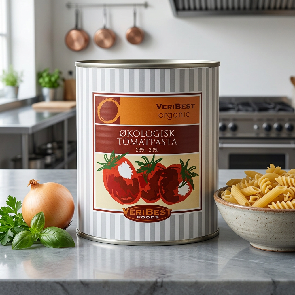 Økologisk tomatkoncentrat på køkkenbord med pasta, løg og krydderurter