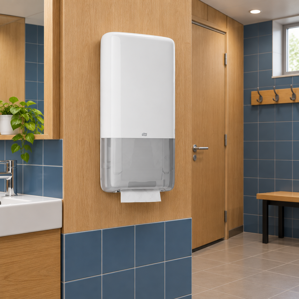 Tork H5 PeakServe 552500 ved håndvask på skolens personaletoilet