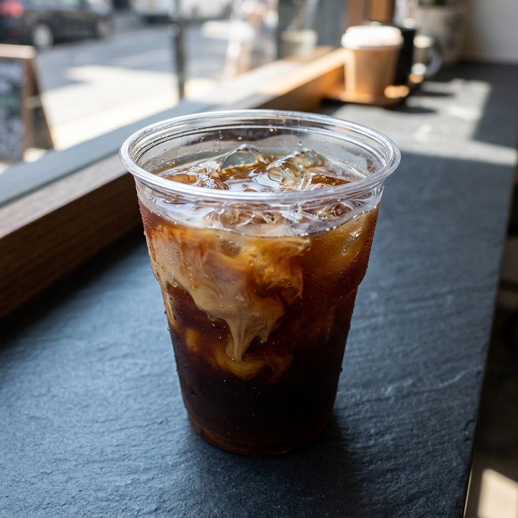 Iskaffe med isterninger i et klart plastglas på en café