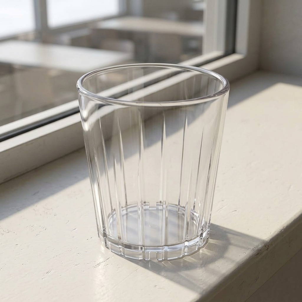Tomt klart polyglas med lodrette detaljer på en solbeskinnet vindueskarm