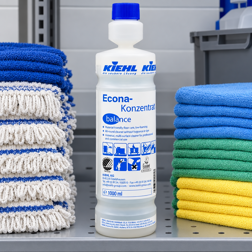 Kiehl Econa balance på hylde med rene mopper og klude