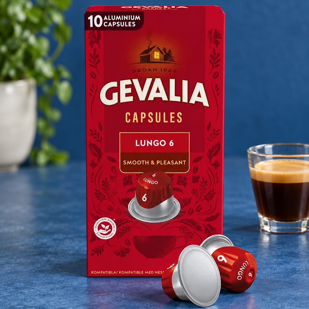Gevalia Lungo 6 æske og kapsler ved kaffekop på blå bordplade, stemningsbillede